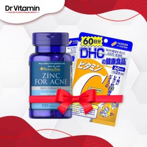 Combo hỗ trợ giảm mụn Kẽm Puritan’s Pride + Vitamin C DHC 90 ngày