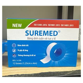 Băng dính cuộn vải lụa y tế SUREMED 1,25cm x 4m, hộp 01 cuộn